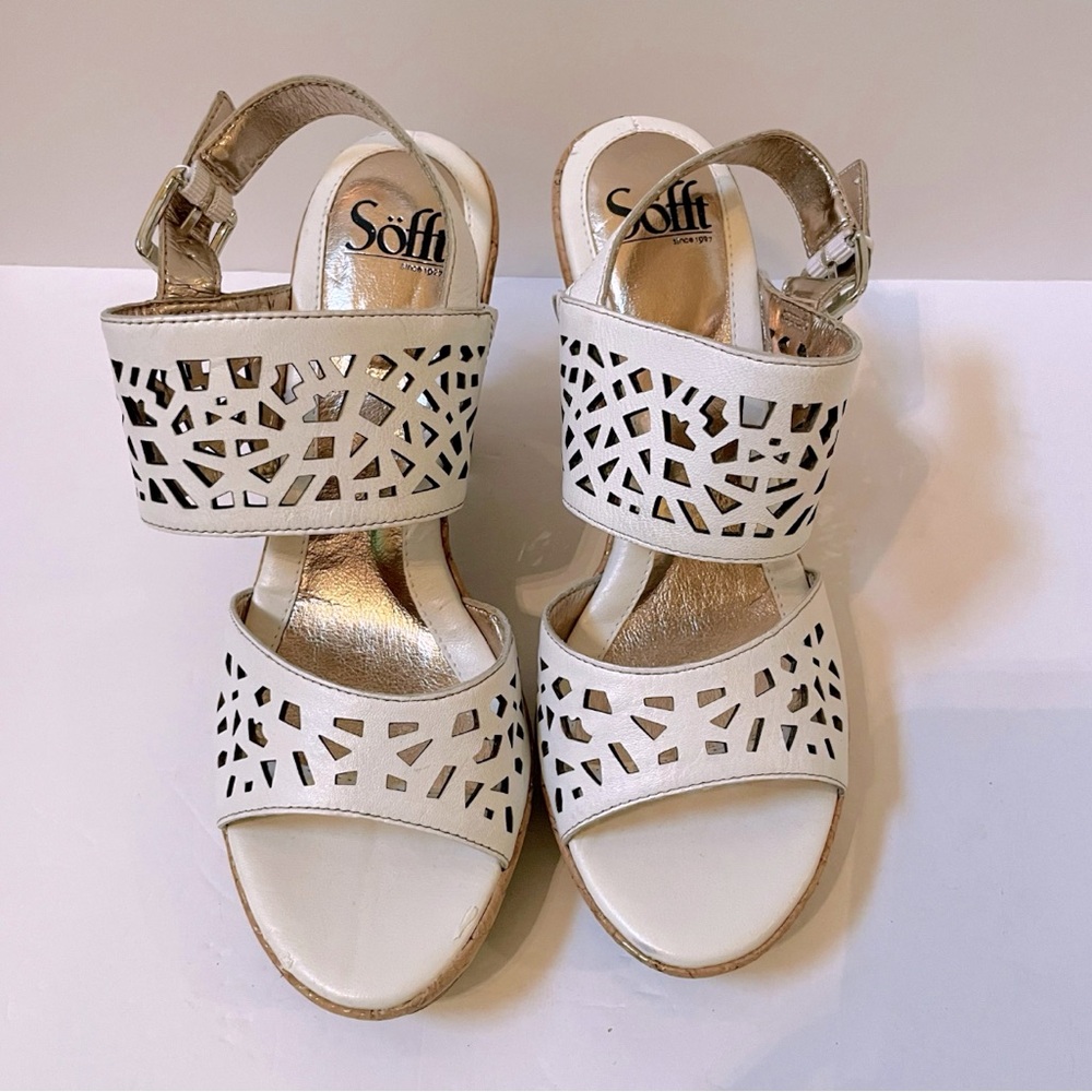 SOFFT White Leather Chunky Cork Heels Size 8.5 - Picture 2 of 10